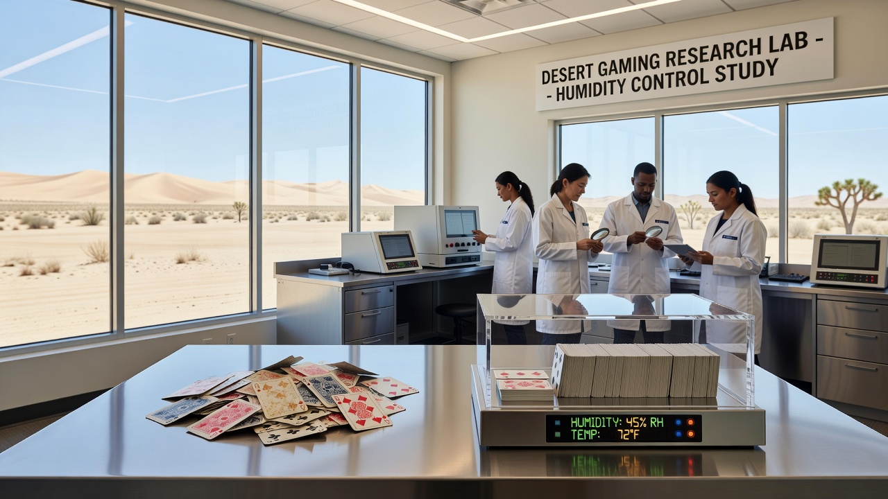 Technician adjusting humidity sensors near a blackjack table in a climate-controlled desert casino