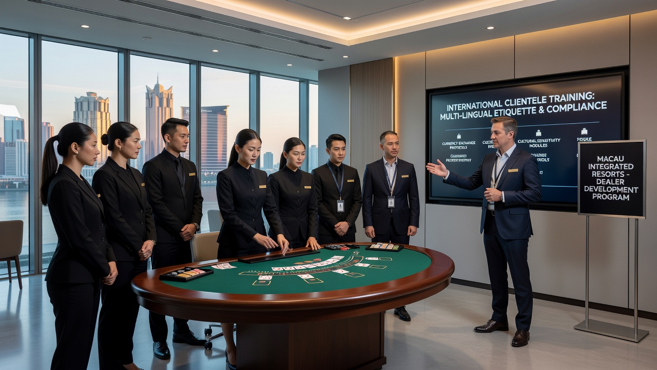 Dealers practicing multilingual interactions during a simulation session at a Macau integrated resort training facility