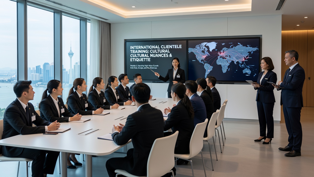Trainers conducting a cultural sensitivity workshop with dealers at a Macau resort facility