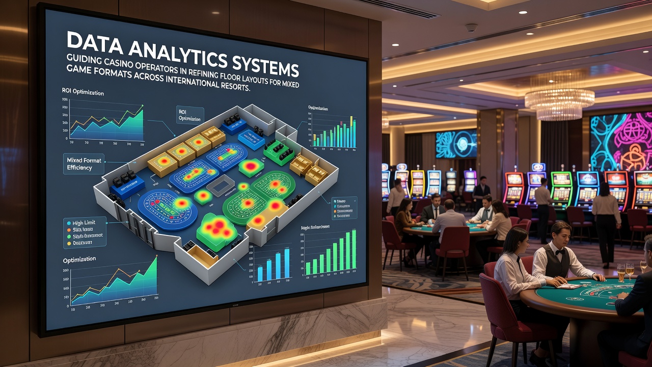 Casino floor layout visualization powered by data analytics showing mixed game zones with player flow patterns
