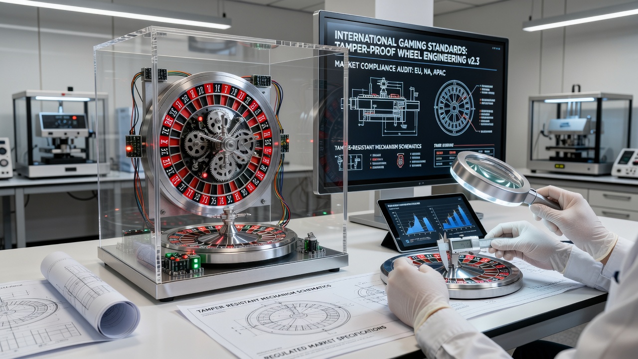 Technician performing balance calibration on a roulette wheel using digital sensors and alignment tools in a laboratory environment