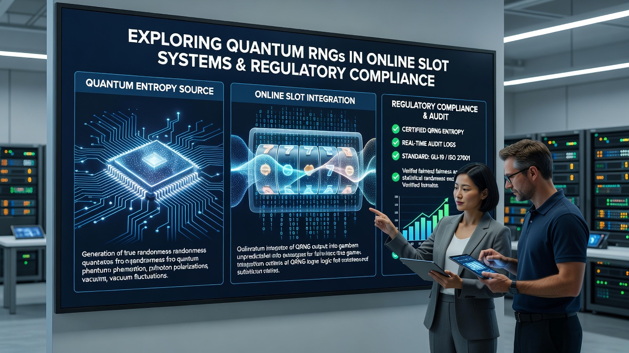 Technician examining compliance documentation and quantum RNG test equipment in a gaming laboratory