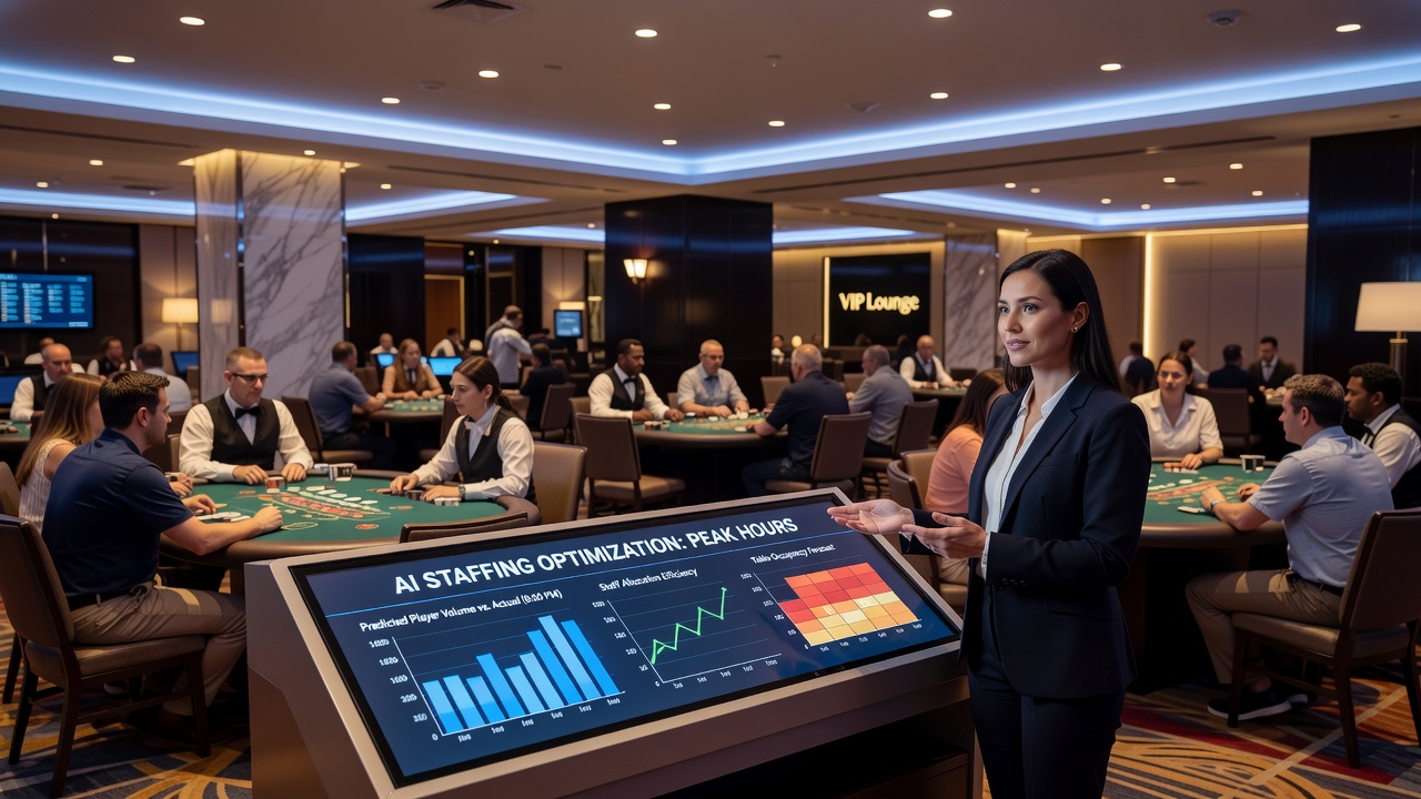 Dealers and supervisors reviewing AI-generated staffing schedules on tablets inside a resort operations center