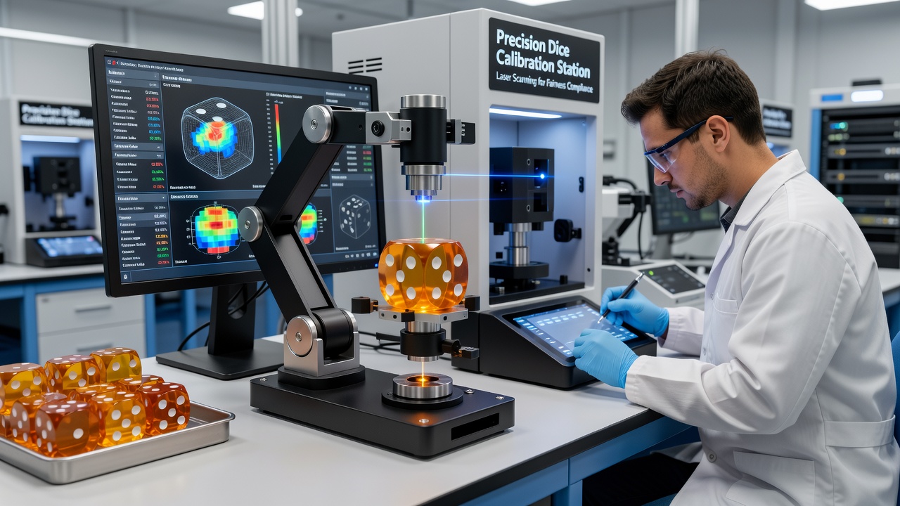 Technician reviewing 3D laser scan data of calibrated dice on a production floor monitor