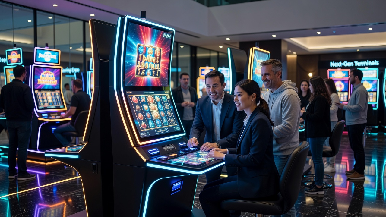 Close-up view of synchronized LED lighting on electronic gaming terminals during evening operations