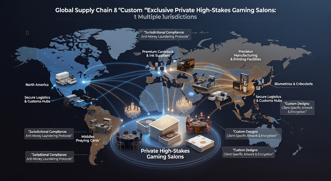 Supply chain logistics for custom playing cards in high-stakes gaming salons showing manufacturing and distribution stages
