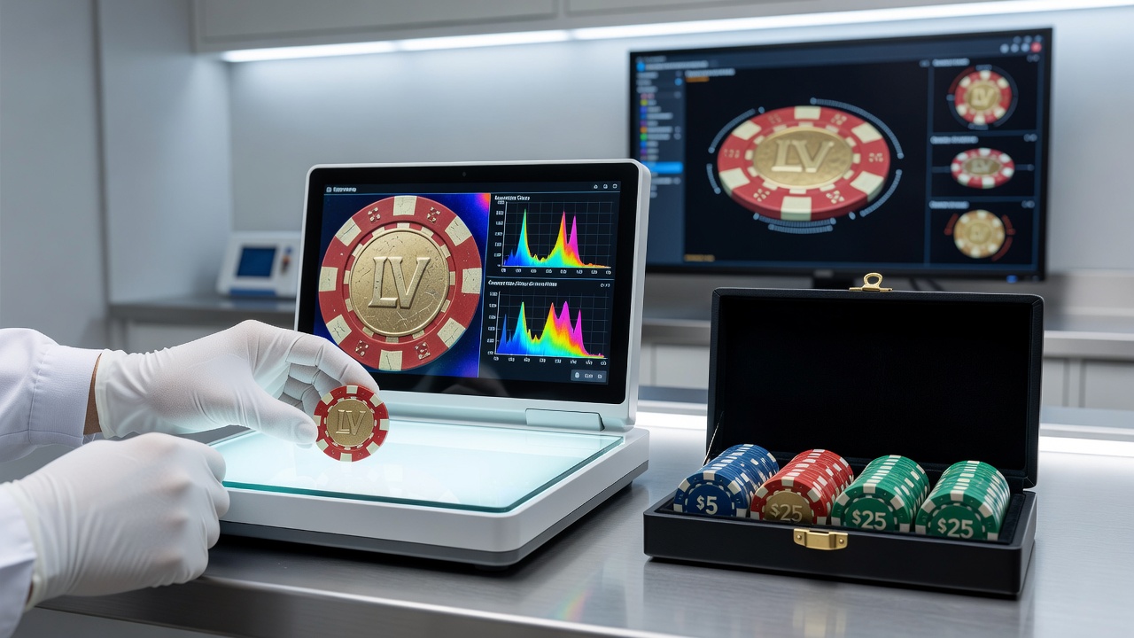 Advanced imaging equipment scanning a poker chip set for authenticity verification in a laboratory setting