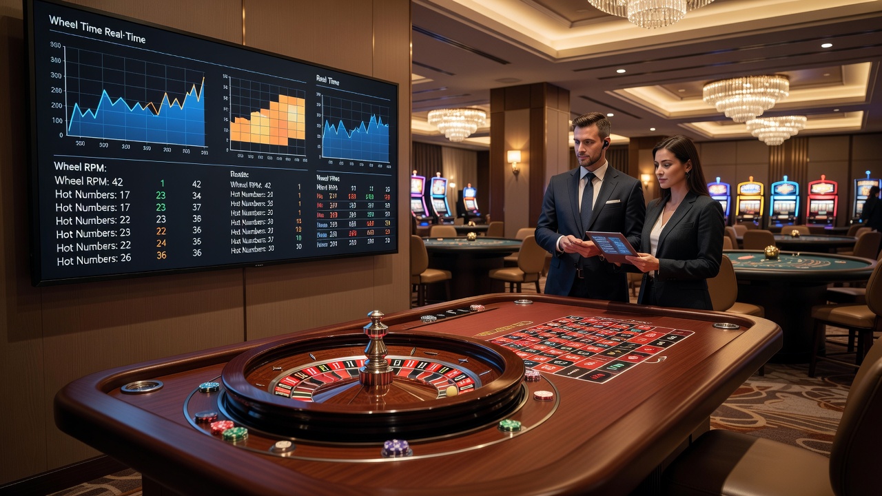 Casino floor manager reviewing real-time roulette data dashboard on a tablet device amid active gaming tables