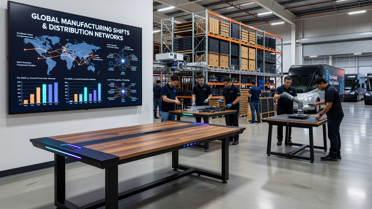 Shipping containers and logistics hub handling crated professional gaming tables bound for international casino destinations