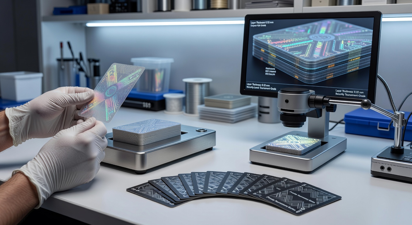 Close-up view of specialized playing card stock with embedded security fibers and micro-etched edges under controlled lighting