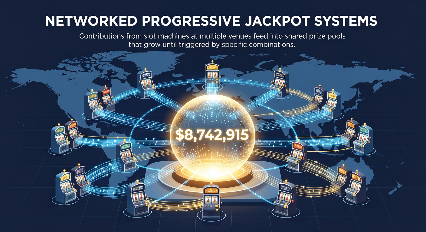 Networked slot machines linked across casino floors showing shared progressive jackpot displays