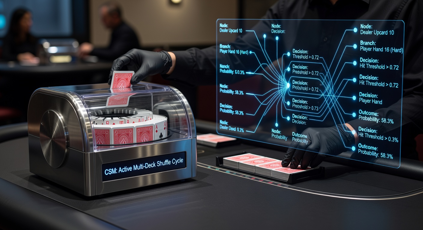 Continuous shuffling machine operating at a multi-deck blackjack table in a casino setting