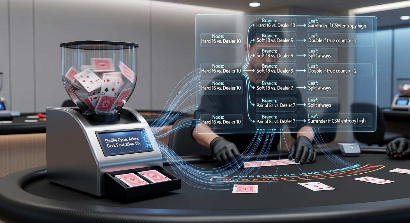 Diagram illustrating decision tree adjustments for blackjack strategy in multi-deck scenarios