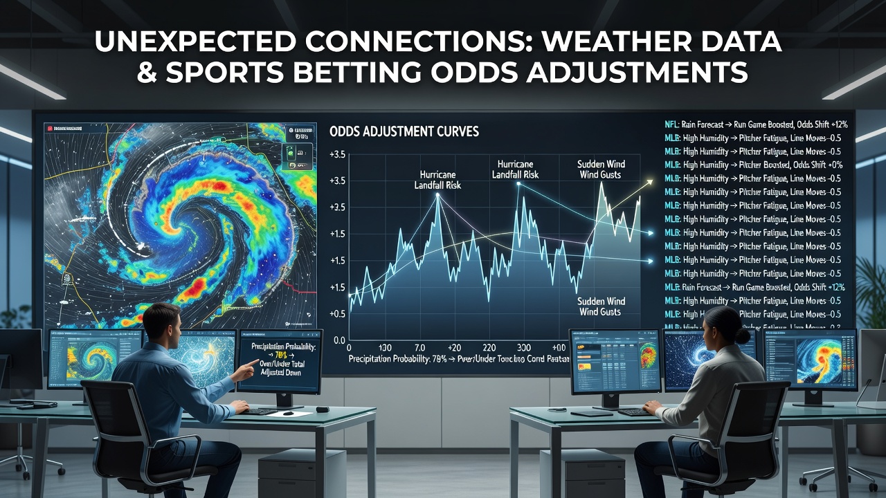 Sportsbook analysts reviewing weather forecast models alongside betting line adjustments