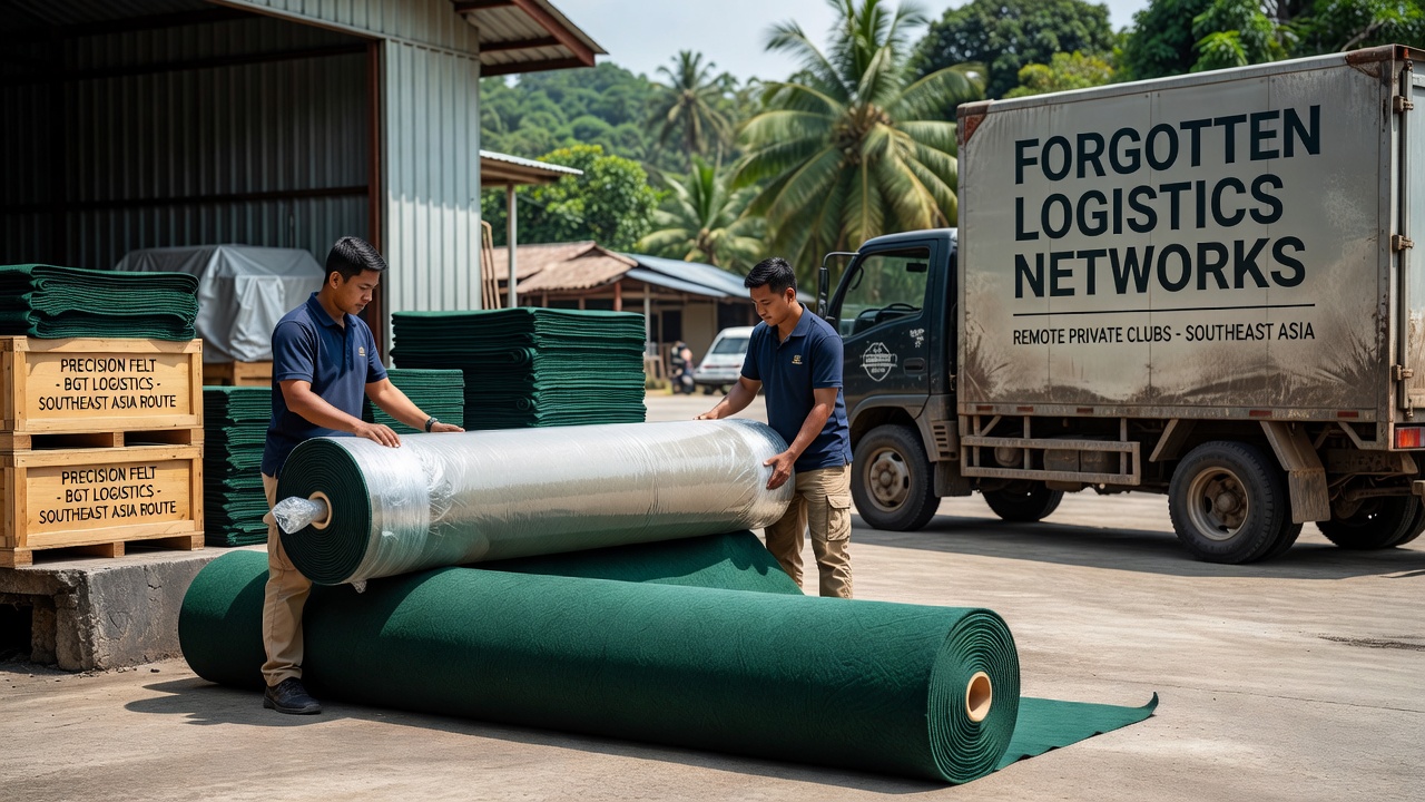 Logistics workers handling rolls of precision-engineered felt fabric at a Southeast Asian port facility for gaming table distribution